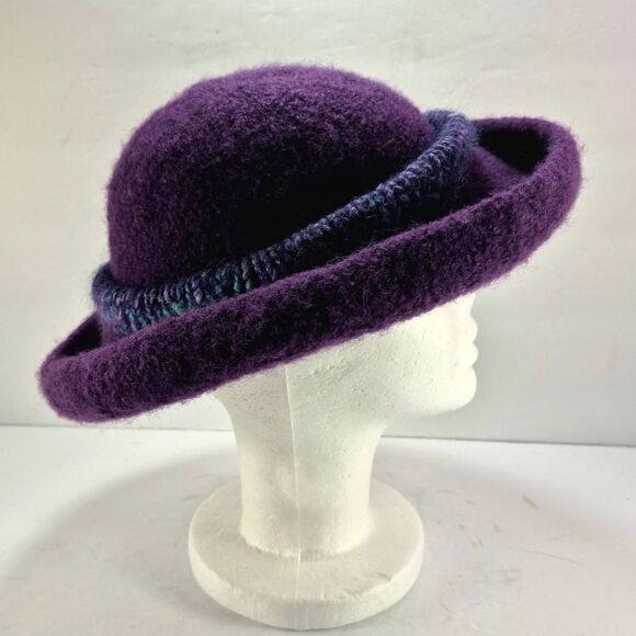 Handmade Purple Felted Wool Hat w/ Green Blue Crochet Band Boho Retro main image 2